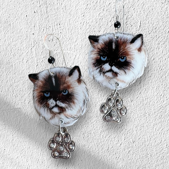 Persian cat handpainted Siamese long hair earrings original paw charm Sterling - Picture 1 of 4